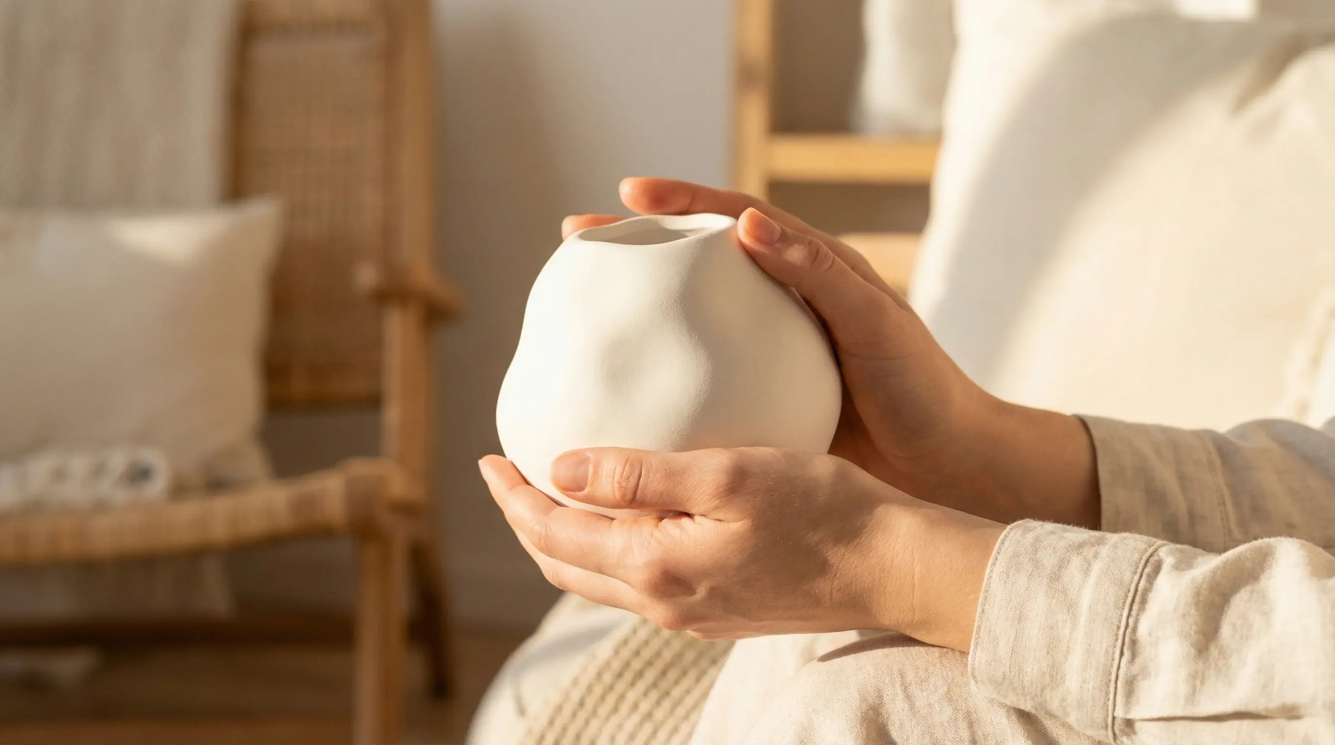 Hände halten selbst gegossene weiße Gips-Vase in Keramik-Optik – hergestellt mit KERANO Gießpulver
