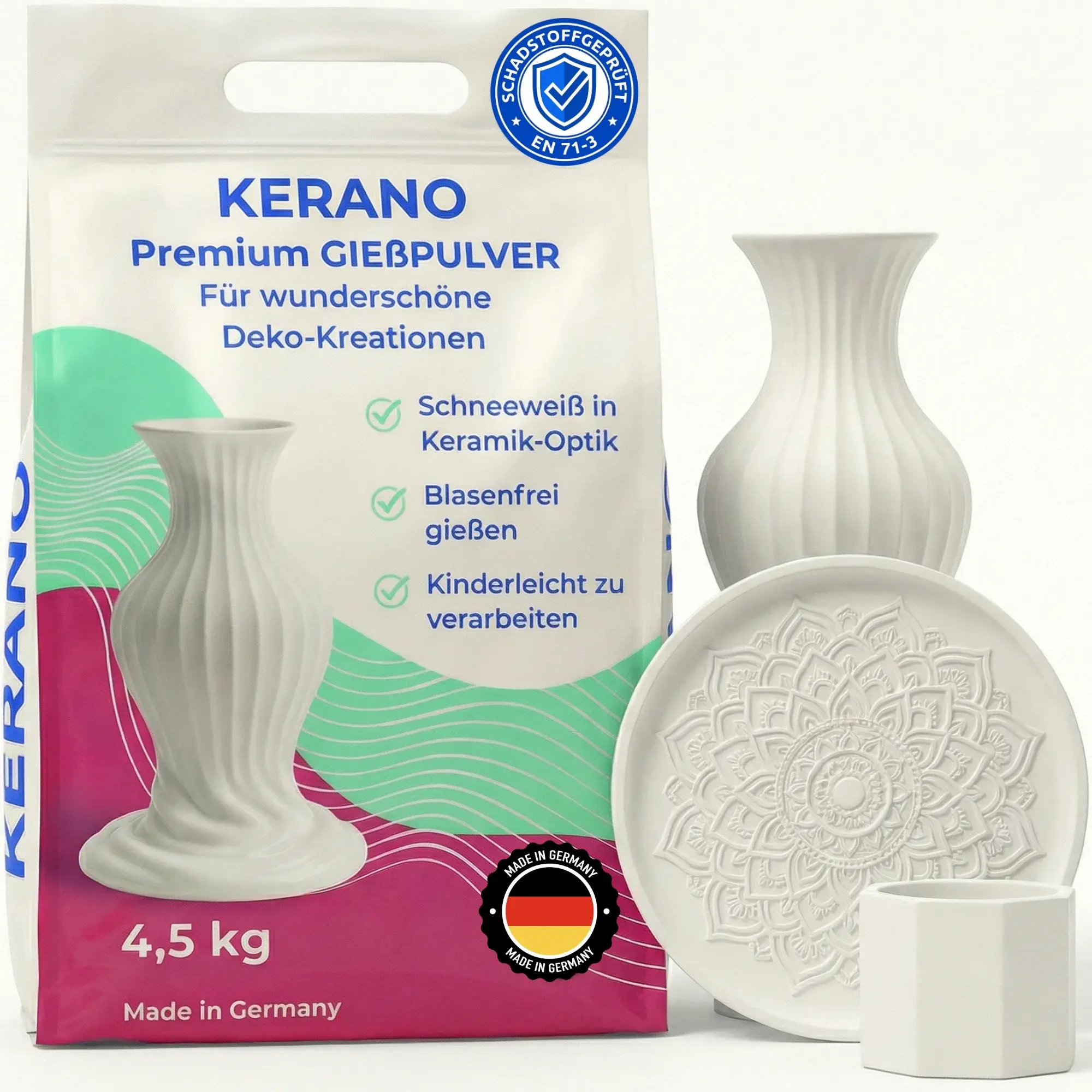 KERANO Premium Gießpulver 4,5 kg mit gegossenen Deko-Objekten – Vase, Teller und Becher in Keramik-Optik, Made in Germany